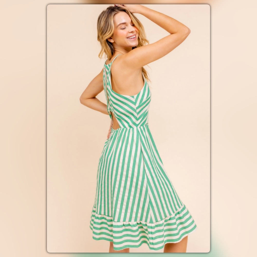 Green and White Striped Open Back Dress - Picture 5 of 7